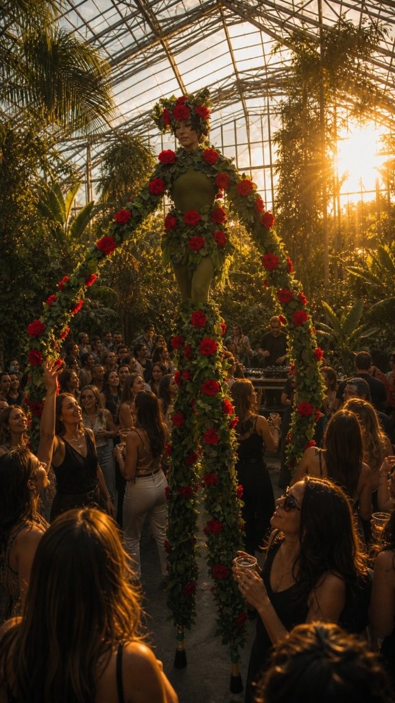 Cuerpos en la huerta · Personajes del bosque en zancos con follaje y rosas en Brotes 2026